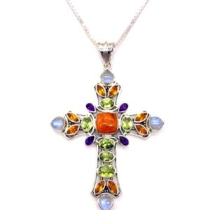 ✝️Nicky Butler Sponge Coral Rainbow Moonstone Cross Pendant S/S Necklace NEW NB